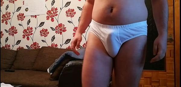  Cutting white briefs piece by piece until revealing full package